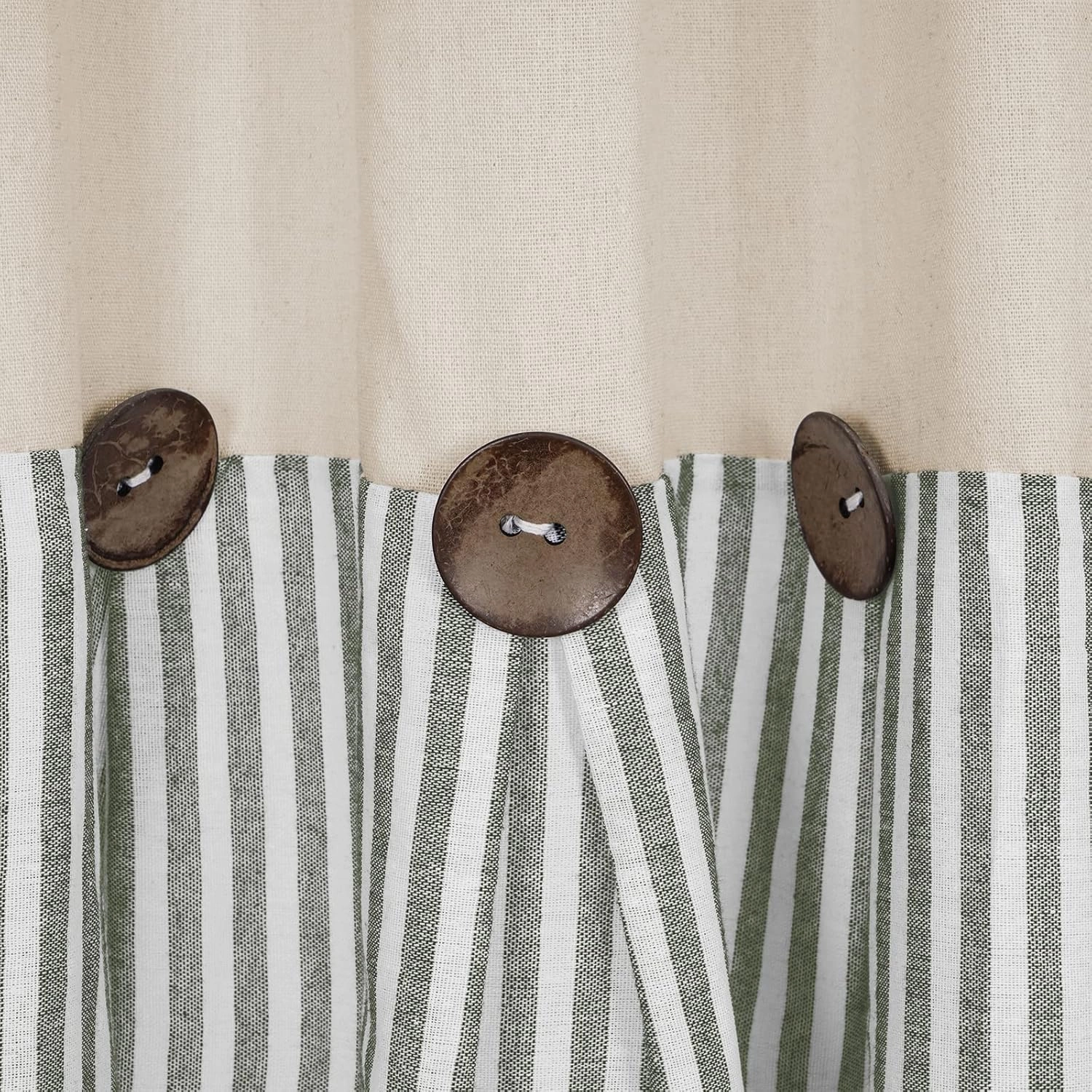 Cotton Linen Farmhouse Curtains - Rustic Button Boho for Bedroom, Rod Pocket & Back Tab, Natural/Sage Green Stripe Color Block for Living Room (52 x 84 Inch, 2 Panels)