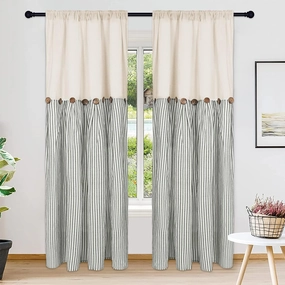 Cotton Linen Farmhouse Curtains - Rustic Button Boho for Bedroom, Rod Pocket & Back Tab, Natural/Sage Green Stripe Color Block for Living Room (52 x 84 Inch, 2 Panels)
