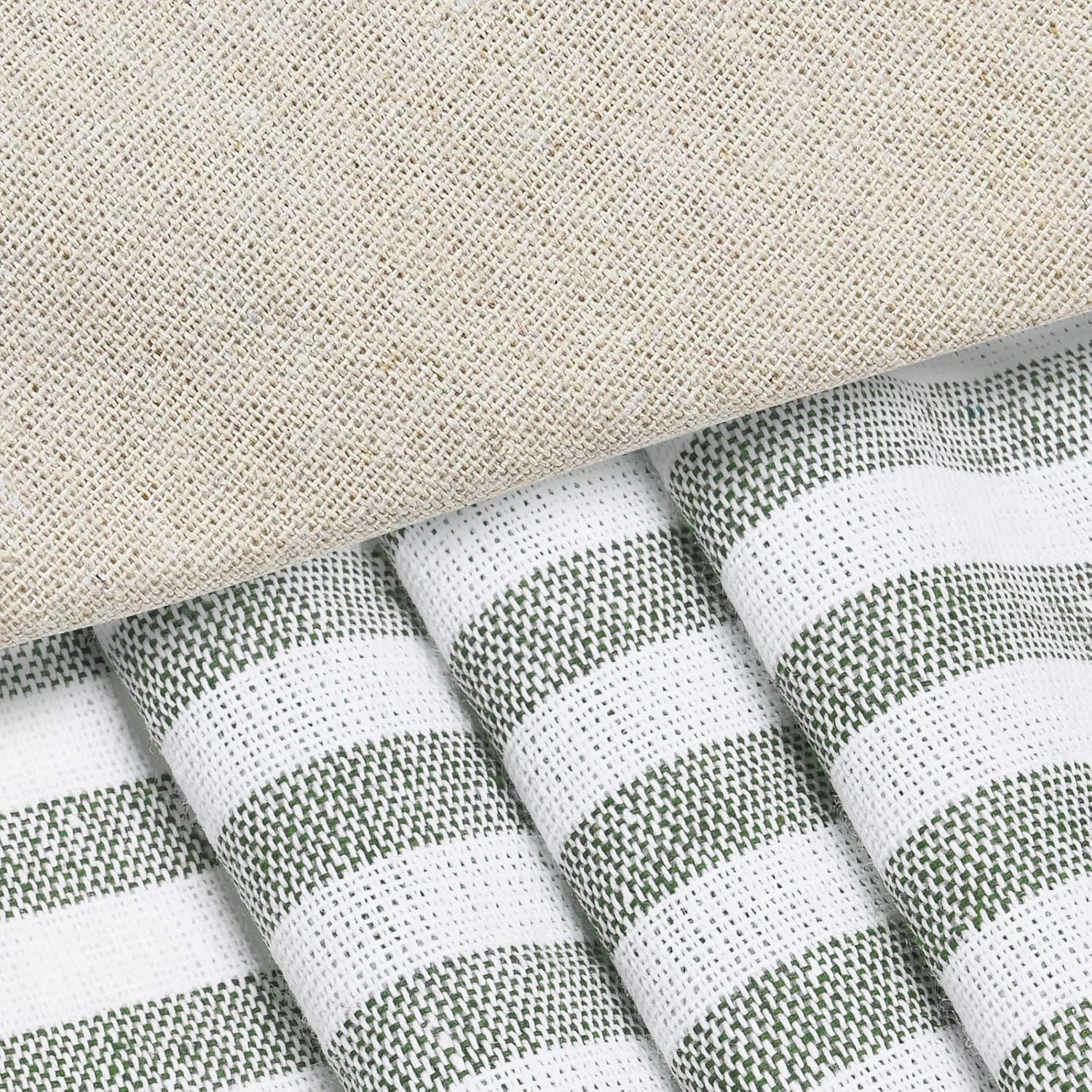 Cotton Linen Farmhouse Curtains - Rustic Button Boho for Bedroom, Rod Pocket & Back Tab, Natural/Sage Green Stripe Color Block for Living Room (52 x 84 Inch, 2 Panels)