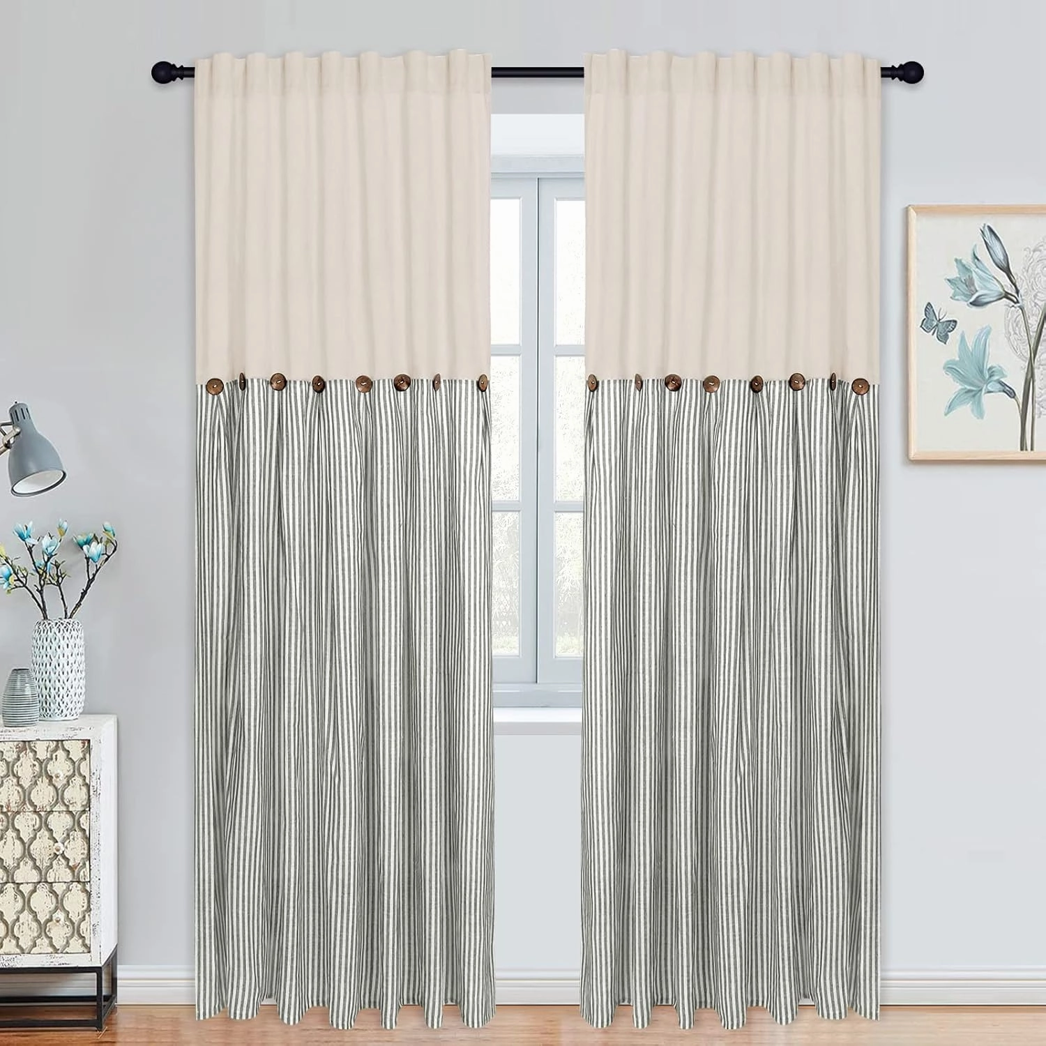 Cotton Linen Farmhouse Curtains - Rustic Button Boho for Bedroom, Rod Pocket & Back Tab, Natural/Sage Green Stripe Color Block for Living Room (52 x 84 Inch, 2 Panels)