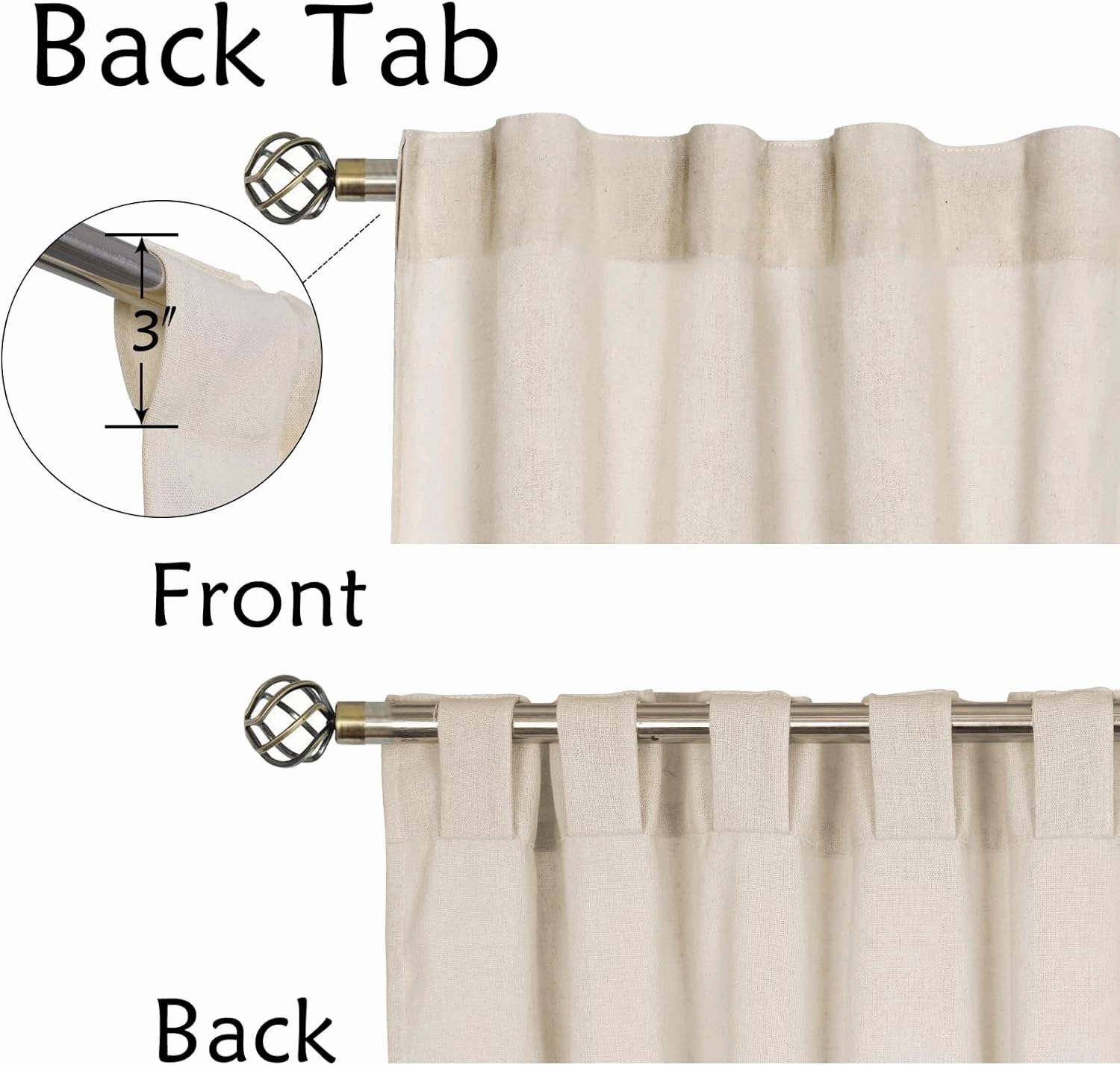 Cotton Linen Farmhouse Curtains - Rustic Button Boho for Bedroom, Rod Pocket & Back Tab, Natural/Sage Green Stripe Color Block for Living Room (52 x 84 Inch, 2 Panels)