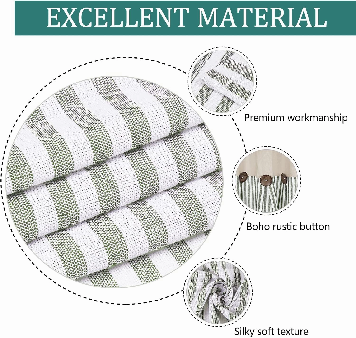 Cotton Linen Farmhouse Curtains - Rustic Button Boho for Bedroom, Rod Pocket & Back Tab, Natural/Sage Green Stripe Color Block for Living Room (52 x 84 Inch, 2 Panels)