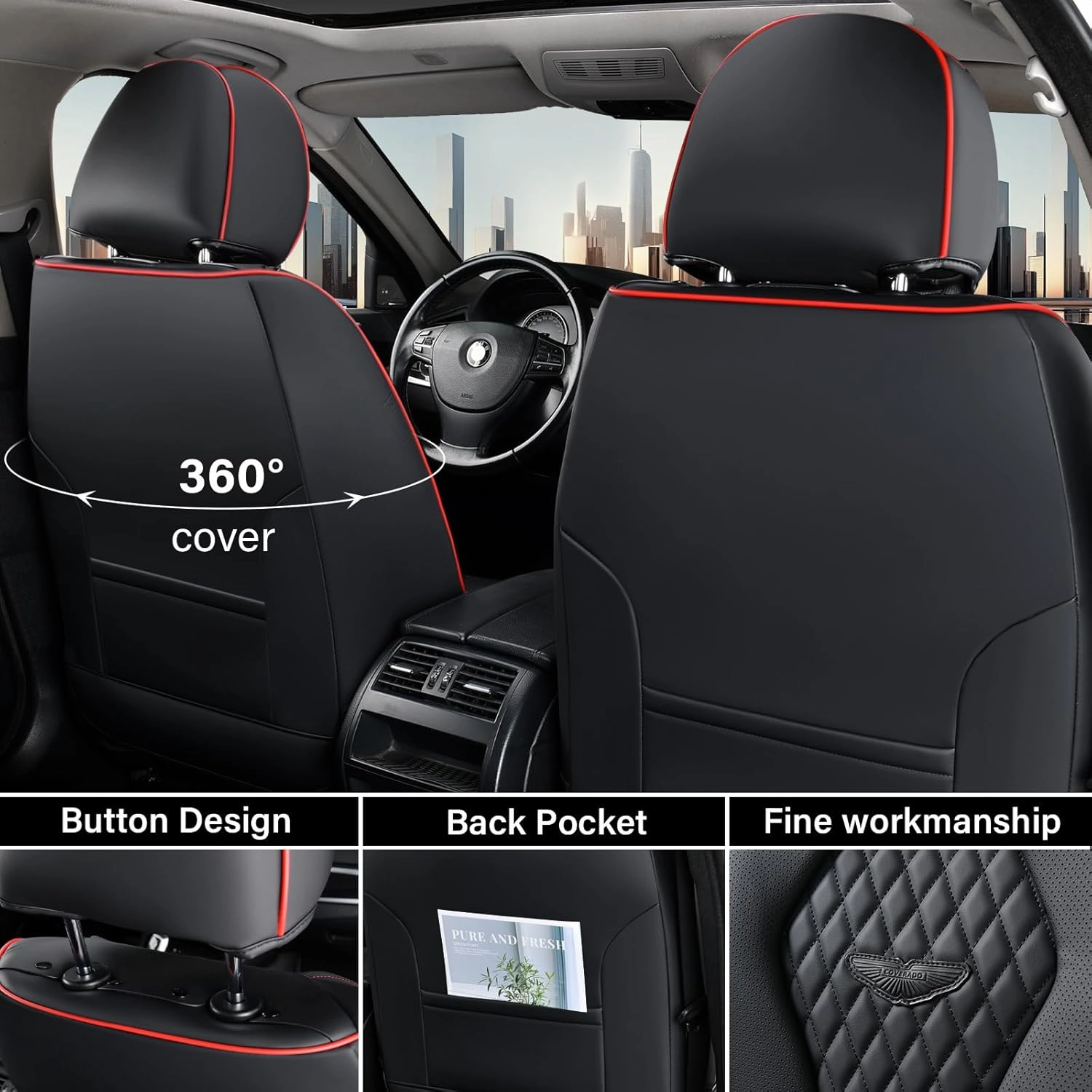 Coverado Car Seat Covers Full Set, Black Seat Covers, Waterproof Car Seat Cover, Car Seat Cushion, Car Seat Covers Front Seats Back Seat Covers, Car Seat Protector Universal Fit Most Cars Red Line