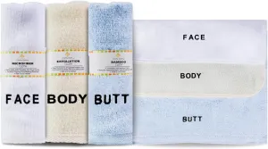 Crafty Cloth 6-Piece Washcloth Set – Face, Body, Butt Cloths | 3 Distinct Textures | Ultra-Soft, Rigid Exfoliation, and Hygiene Cloths for Sensitive Areas | 12x12 | Blue