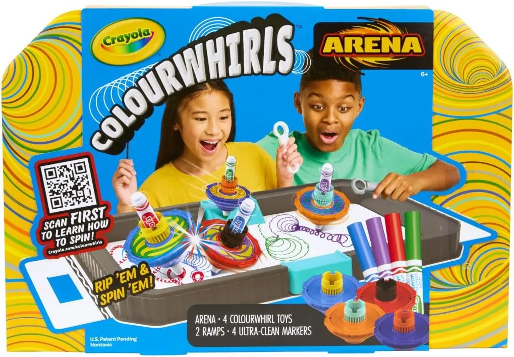 Crayola Colourwhirls Battle Arena Set, Includes 4 String Launch Gyro Spinning Top Art Toys, 4 Washable Markers, Toys & Games for Kids, Ages 6 