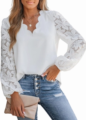 CUPSHE Women Floral Lace Scalloped Top Long Sleeve Shirts V Neck Blouses