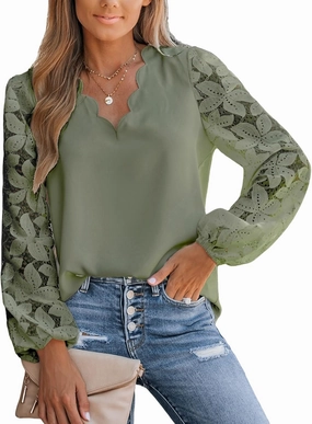 CUPSHE Women Floral Lace Scalloped Top Long Sleeve Shirts V Neck Blouses