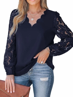 CUPSHE Women Floral Lace Scalloped Top Long Sleeve Shirts V Neck Blouses