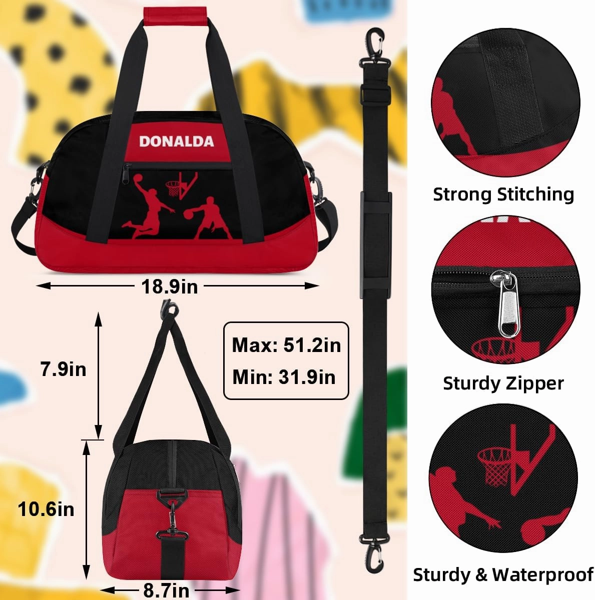 Custom Mini Gym Duffel Bag for Women Men Personalized Basketball Print Waterproof Carry On Weekender Bag