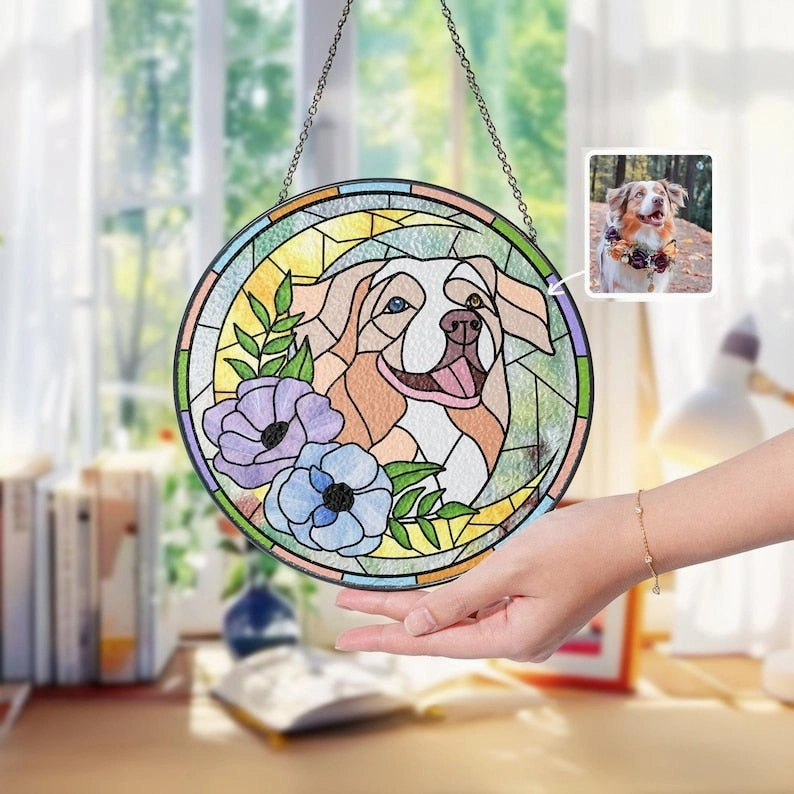 Custom Pet Portrait Glass Suncatcher, Dog Cat Glass Art, Pet Window Hangings, Pet Portrait From Photo, Pet Memorial Gift, Pet Lover Gift