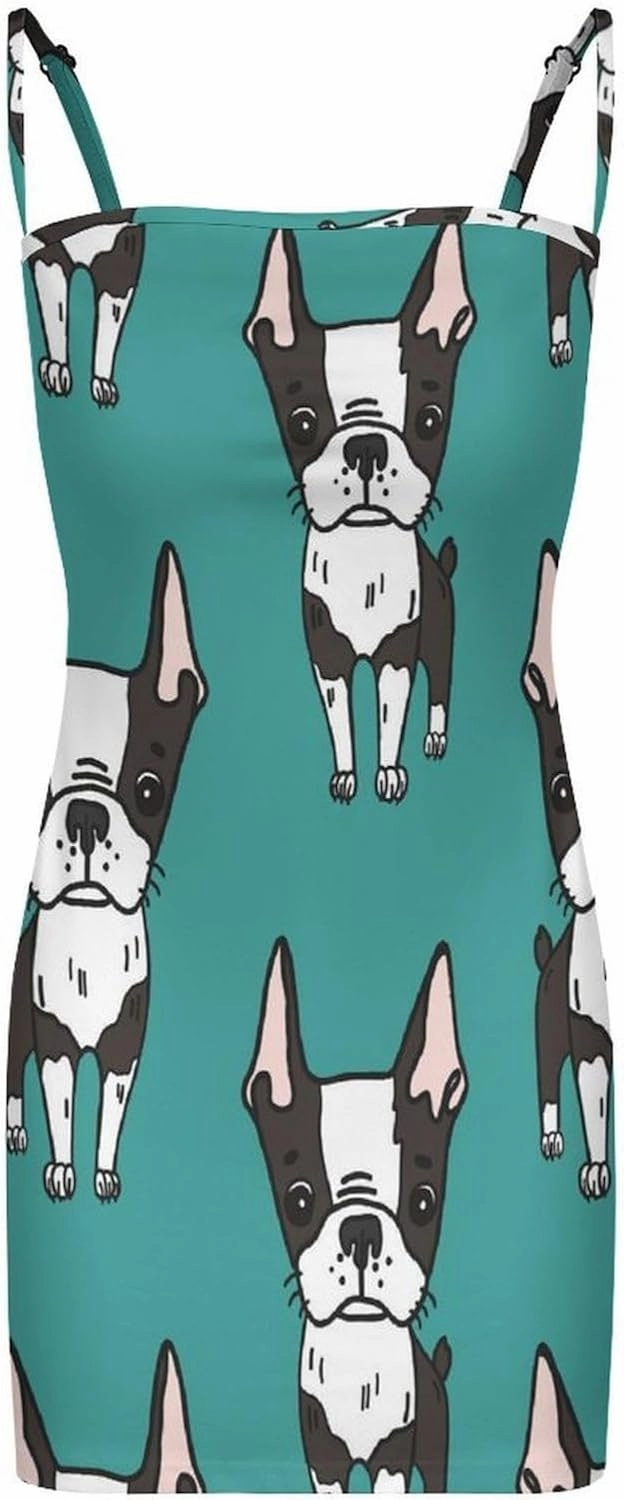 Cute Boston Terrier Women's Mini Dress Sleeveless Spaghetti Straps Dresses Tube Club Party