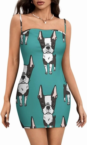 Cute Boston Terrier Women's Mini Dress Sleeveless Spaghetti Straps Dresses Tube Club Party