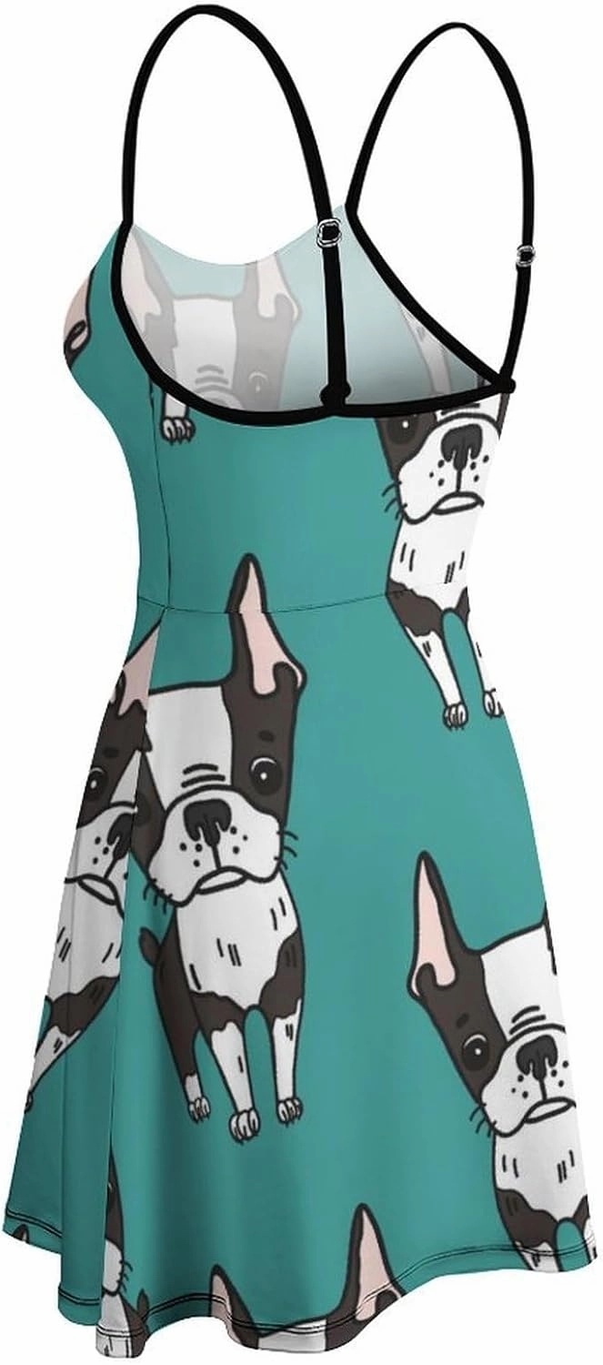 Cute Boston Terrier Women's Sleeveless Mini Dress Slip Tank Swing Sundress Party Club