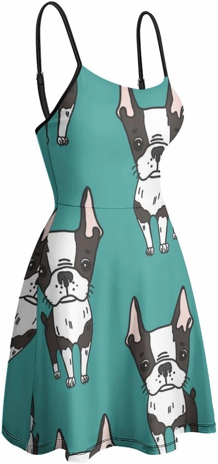 Cute Boston Terrier Women's Sleeveless Mini Dress Slip Tank Swing Sundress Party Club