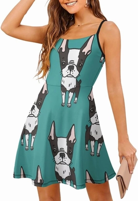 Cute Boston Terrier Women's Sleeveless Mini Dress Slip Tank Swing Sundress Party Club