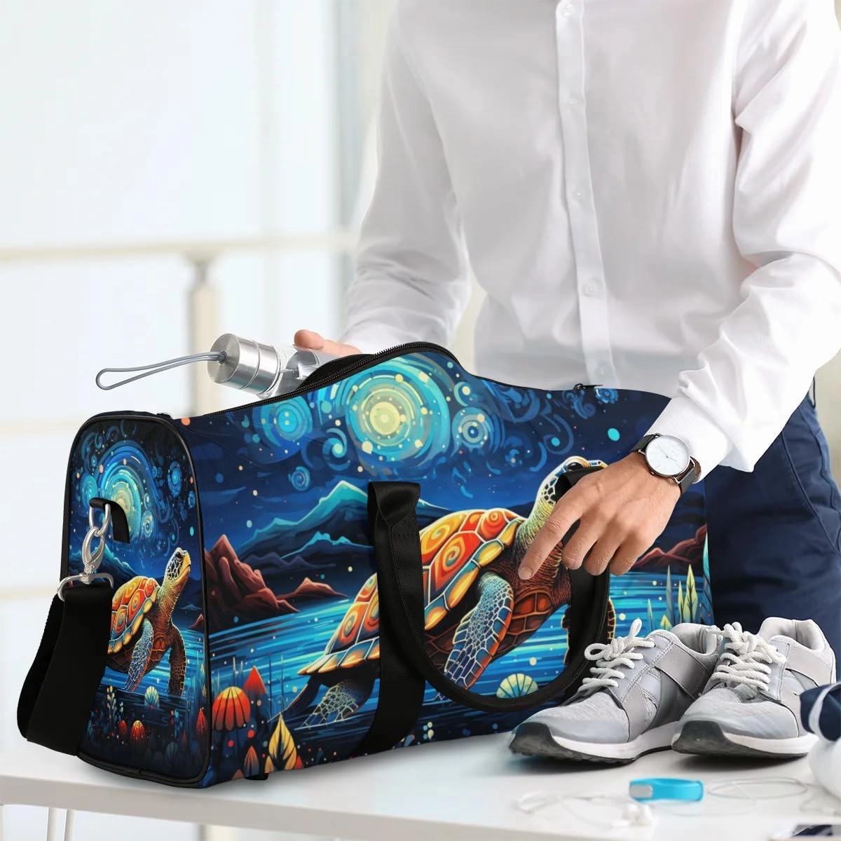 Cute Turtle Print Travel Duffel Bag for Women Men Waterproof Foldable Overnight Weekender Bag Large Capacity Sports Gym Bag