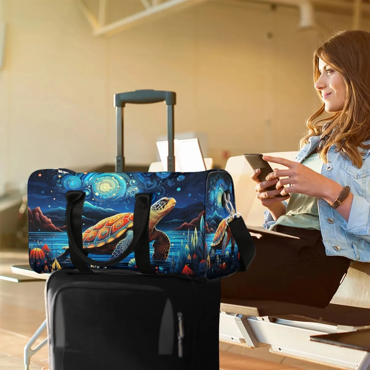 Cute Turtle Print Travel Duffel Bag for Women Men Waterproof Foldable Overnight Weekender Bag Large Capacity Sports Gym Bag