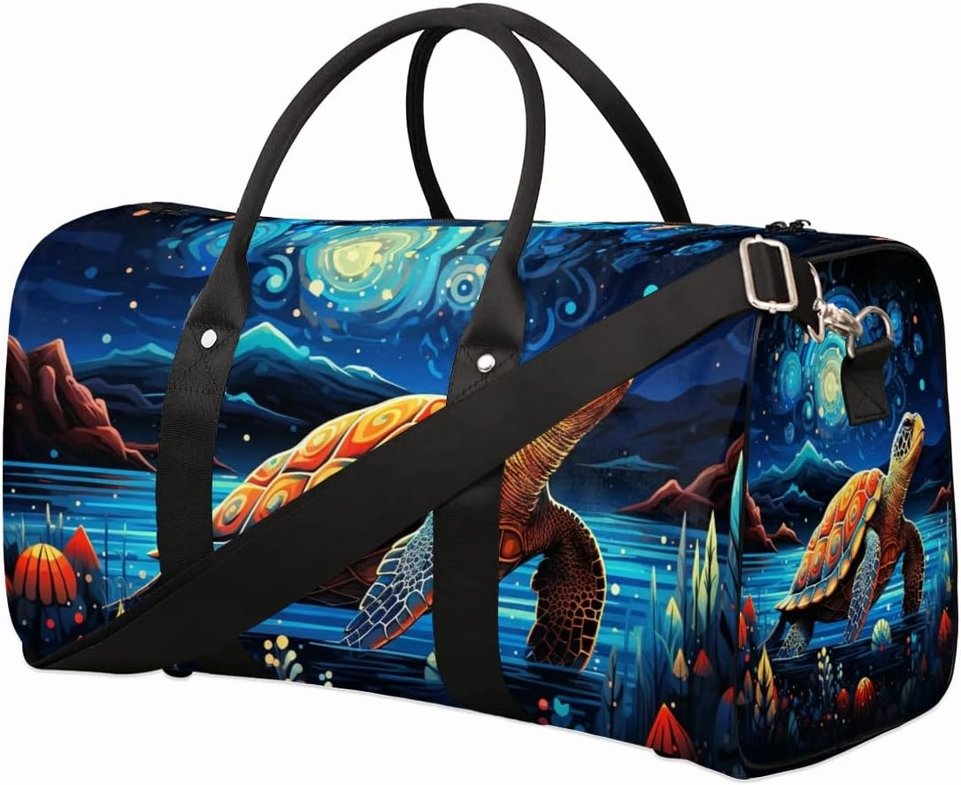 Cute Turtle Print Travel Duffel Bag for Women Men Waterproof Foldable Overnight Weekender Bag Large Capacity Sports Gym Bag