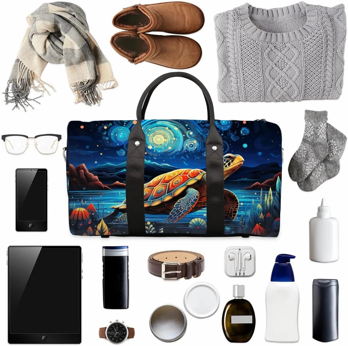 Cute Turtle Print Travel Duffel Bag for Women Men Waterproof Foldable Overnight Weekender Bag Large Capacity Sports Gym Bag