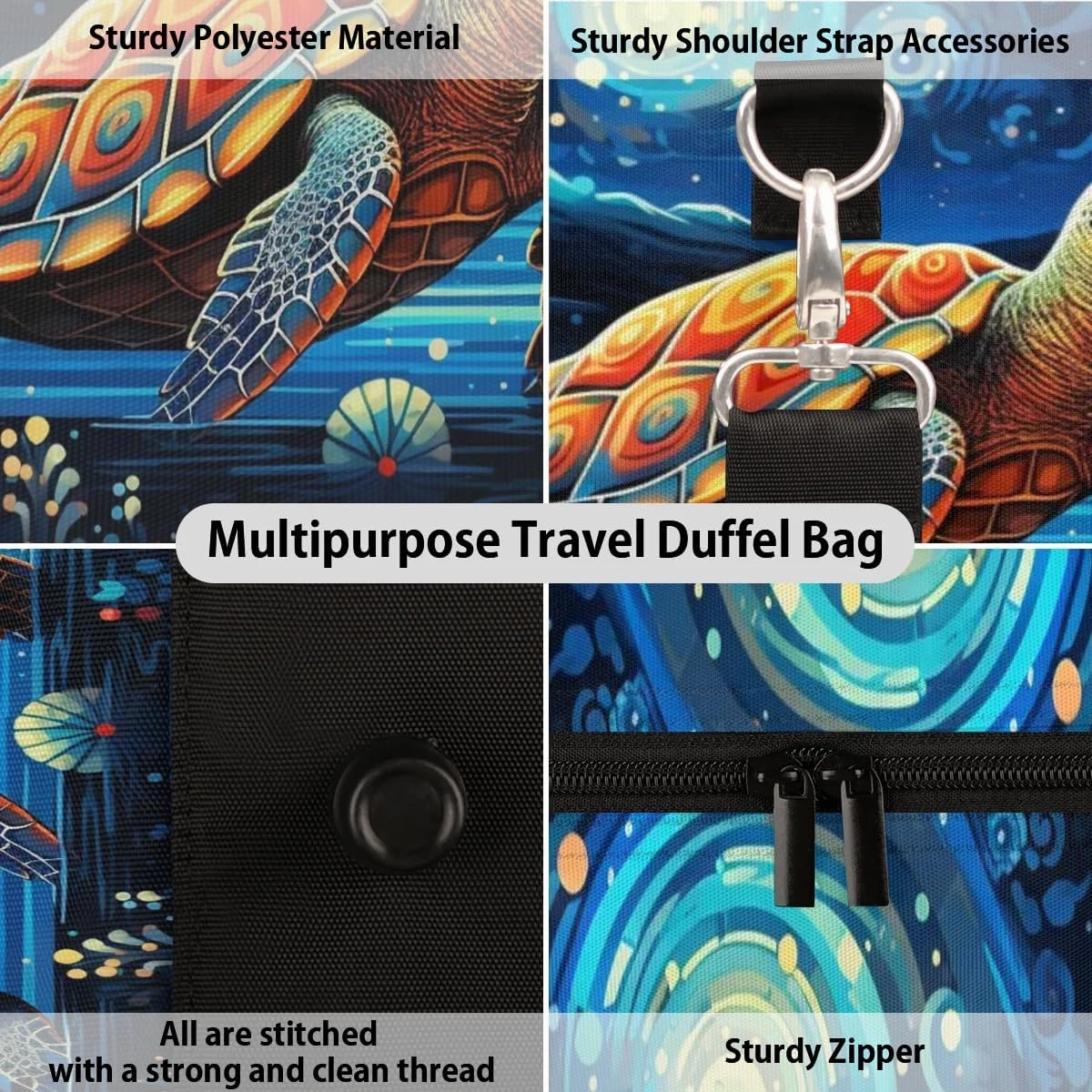 Cute Turtle Print Travel Duffel Bag for Women Men Waterproof Foldable Overnight Weekender Bag Large Capacity Sports Gym Bag