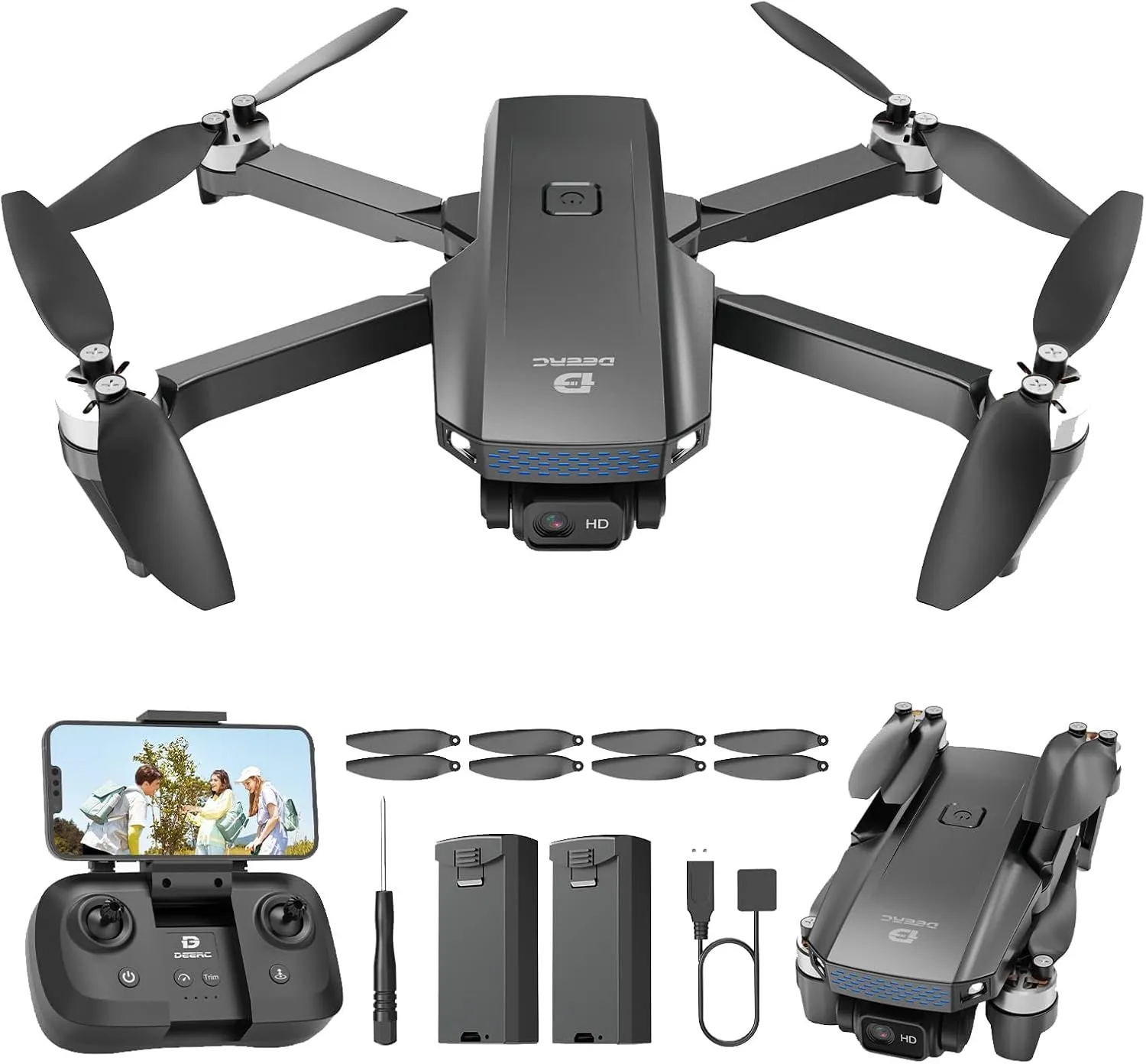 DEERC Drone with Camera 1080P, D20S FPV Mini Drones for Kids Adults Beginner; Foldable RC Quadcopter with Brushless Motor, 2 Batteries, Altitude Hold, Optical Flow, 3D Flips, Toy Gifts for Boys Girls