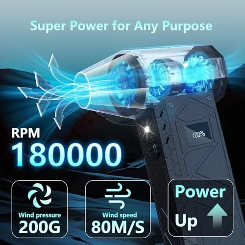 DEGGE 10000mAh Compressed Air Duster, 180000RPM Electric Air Duster with Display Screen & Light, 4 Gear Adjustable Cordless Rechargeable Turbo Car Dryer Jet Air Blower for Keyboard,Computer,Car,Home