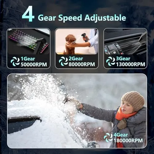DEGGE 10000mAh Compressed Air Duster, 180000RPM Electric Air Duster with Display Screen & Light, 4 Gear Adjustable Cordless Rechargeable Turbo Car Dryer Jet Air Blower for Keyboard,Computer,Car,Home