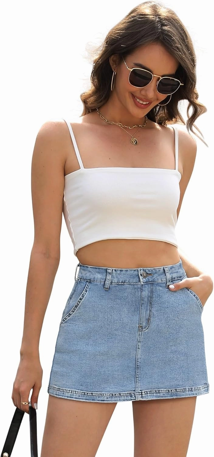 Denim Skort Skirts for Women Low Waisted Stretchy Mini Jean Skirt Casual Cute Going Out Skorts with Pockets Raw Hem