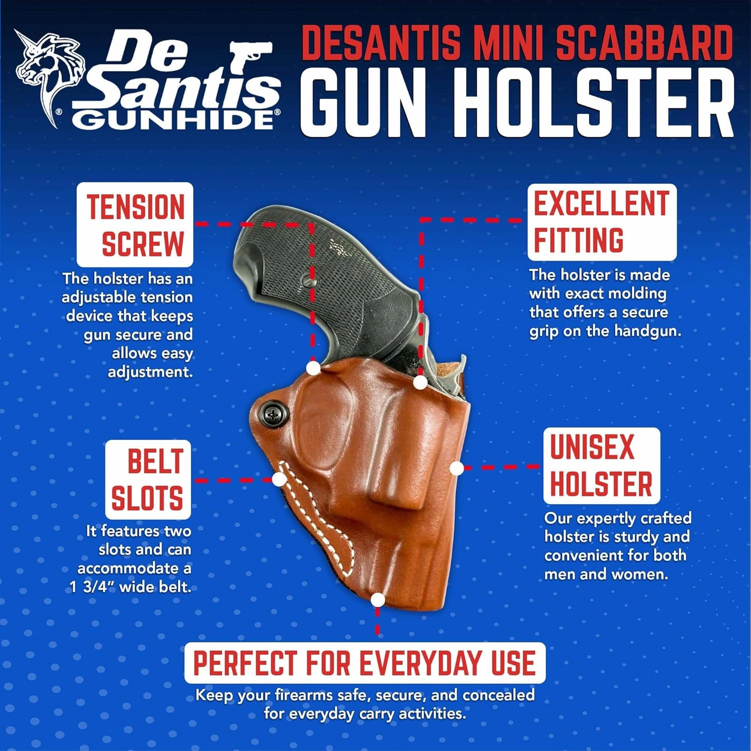 DeSantis Mini Scabbard OWB Holster - Holster OWB, Leather Pistol and Revolver Holster, Open Carry Gun Holster for Men & Women, Quick Draw, Discreet, Compact & Adjustable, Fits 1 3/4" Belt