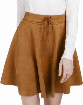 DIASHINY Faux Suede Mini Skirt for Women A Line Skater Belt Tie High Waist Flared Stretch Skirts
