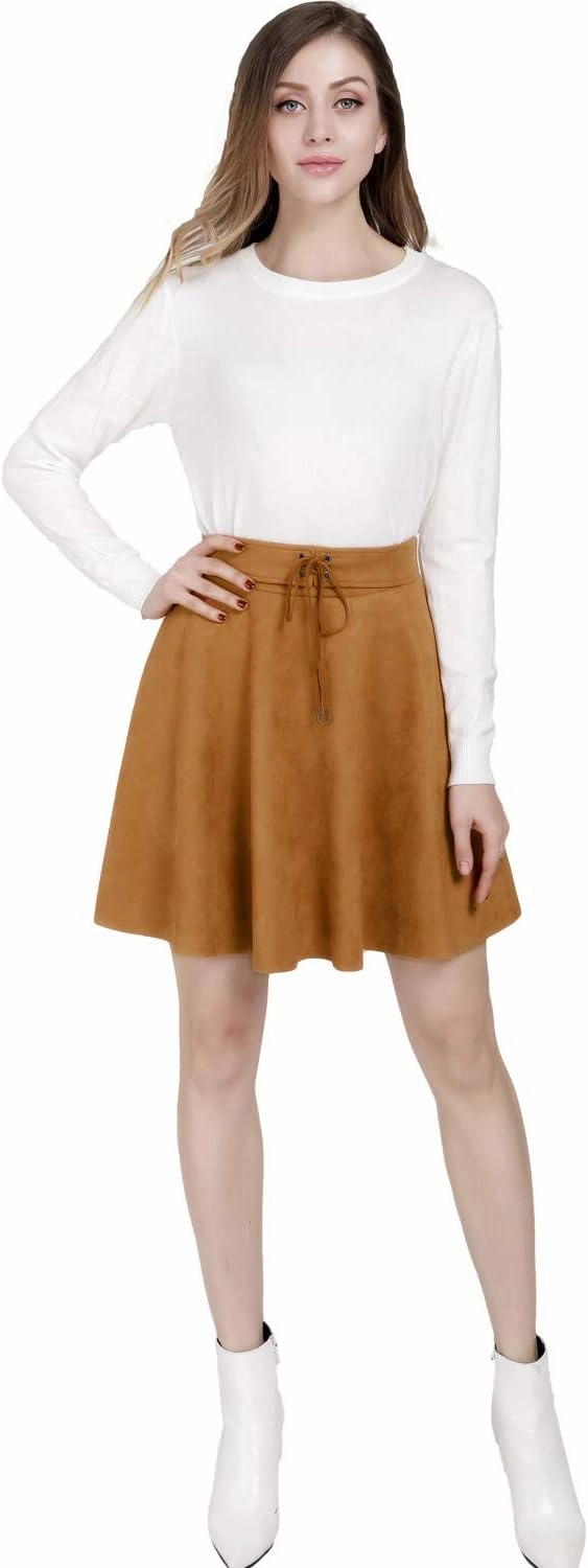DIASHINY Faux Suede Mini Skirt for Women A Line Skater Belt Tie High Waist Flared Stretch Skirts