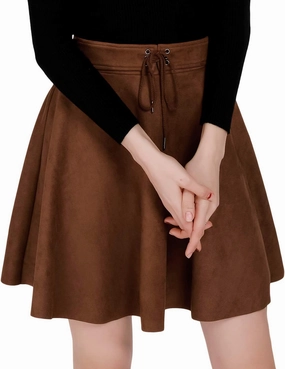 DIASHINY Faux Suede Mini Skirt for Women A Line Skater Belt Tie High Waist Flared Stretch Skirts