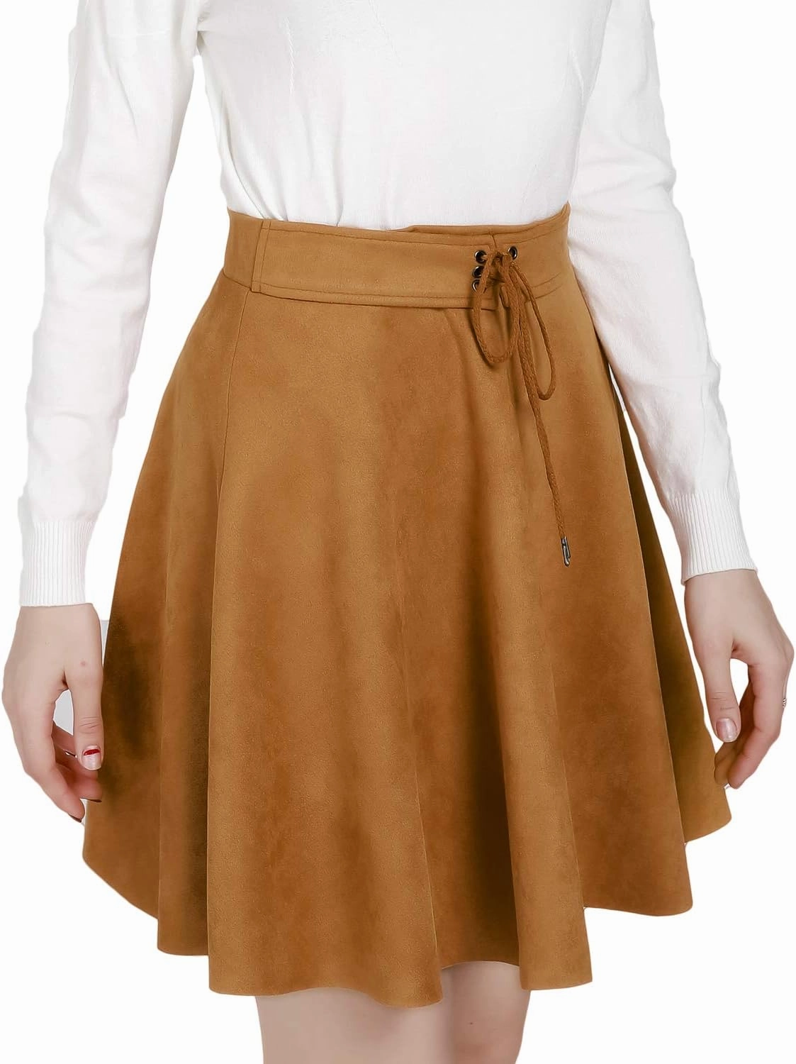 DIASHINY Faux Suede Mini Skirt for Women A Line Skater Belt Tie High Waist Flared Stretch Skirts