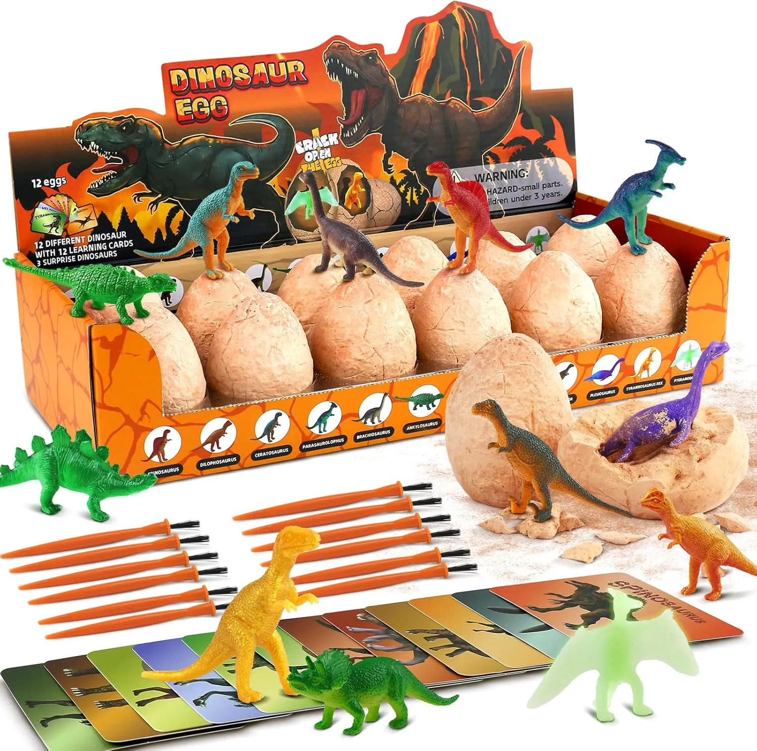 Dino Eggs Excavation Dig Kit-12 Unique Dinosaur Eggs with Educational Learning Cards -Easter Eggs STEM Science Activities - Educational Toy Gift for Kids Boys Girls Age 3 