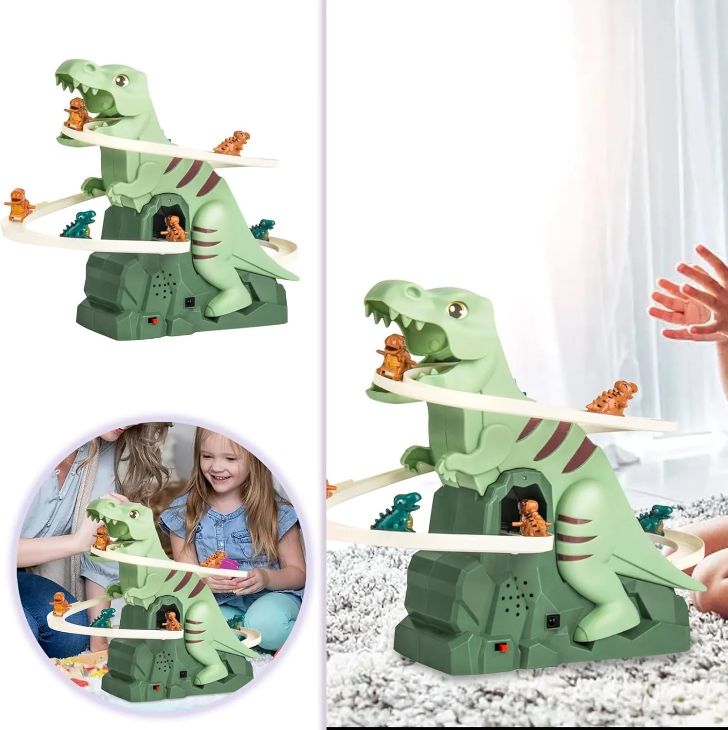 Dinosaur Climbing Slide Music Toy,Electric Race Track Game Fun Slide Roller Coaster Toy,Track Slide Toys with Light and Music Playsets for Children's Birthday Gifts (Green,3pcs)