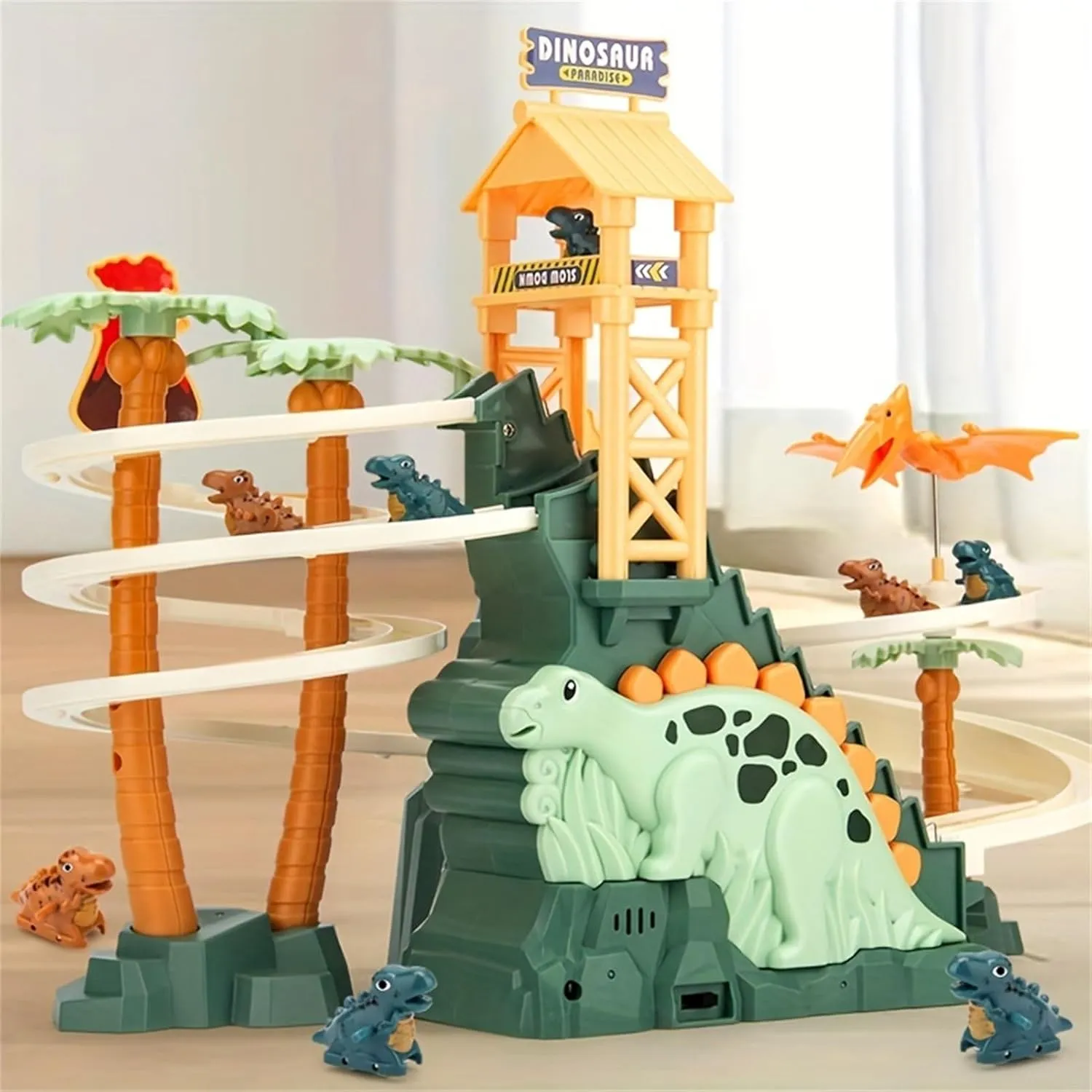 Dinosaur Climbing Slide Toy with Five Dinosaurs & Light-Up Music, Electric Dinosaur Climbing Stairs Toy for Toddlers Double Track Slide Race with Interactive Action & Fun Sound Effects (Green)