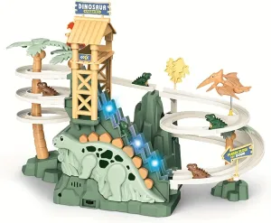 Dinosaur Climbing Slide Toy with Five Dinosaurs & Light-Up Music, Electric Dinosaur Climbing Stairs Toy for Toddlers Double Track Slide Race with Interactive Action & Fun Sound Effects (Green)