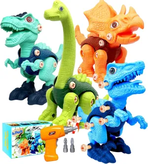 Dinosaur Toys for Kids, 4 Pack Take Apart Dinosaur Toys with Electric Drill for 3 4 5 6 7 8Year Old Boys and Girls, STEM Construction Building Play Toy for Christmas Birthday Gifts