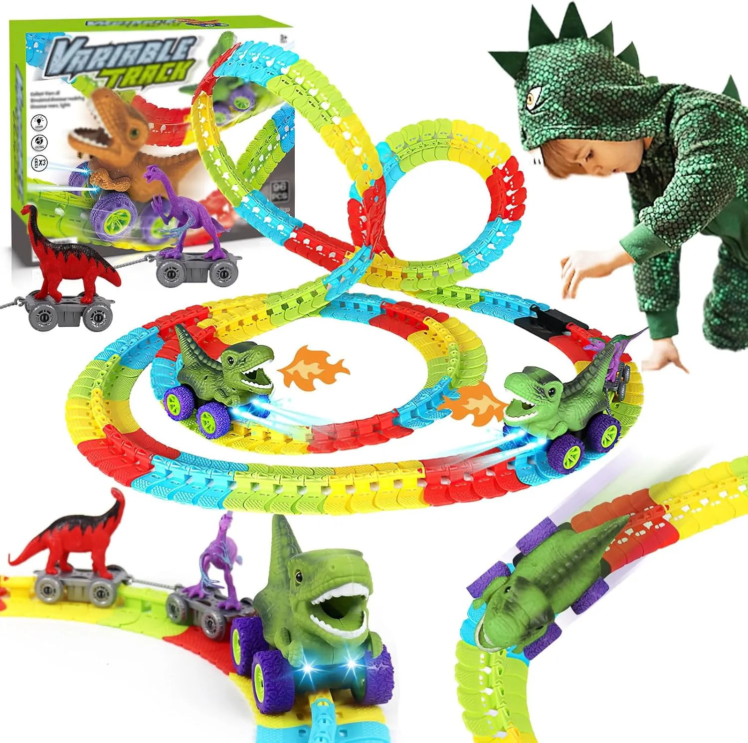 Dinosaur Train Set, Anti Gravity Dinosaur Train Toys, 360° Electric Climbing Dinosaur Car Race Tracks with Sound and Lights, Race Train Track Toy Birthday Gifts New Year's Gift(96Pcs)