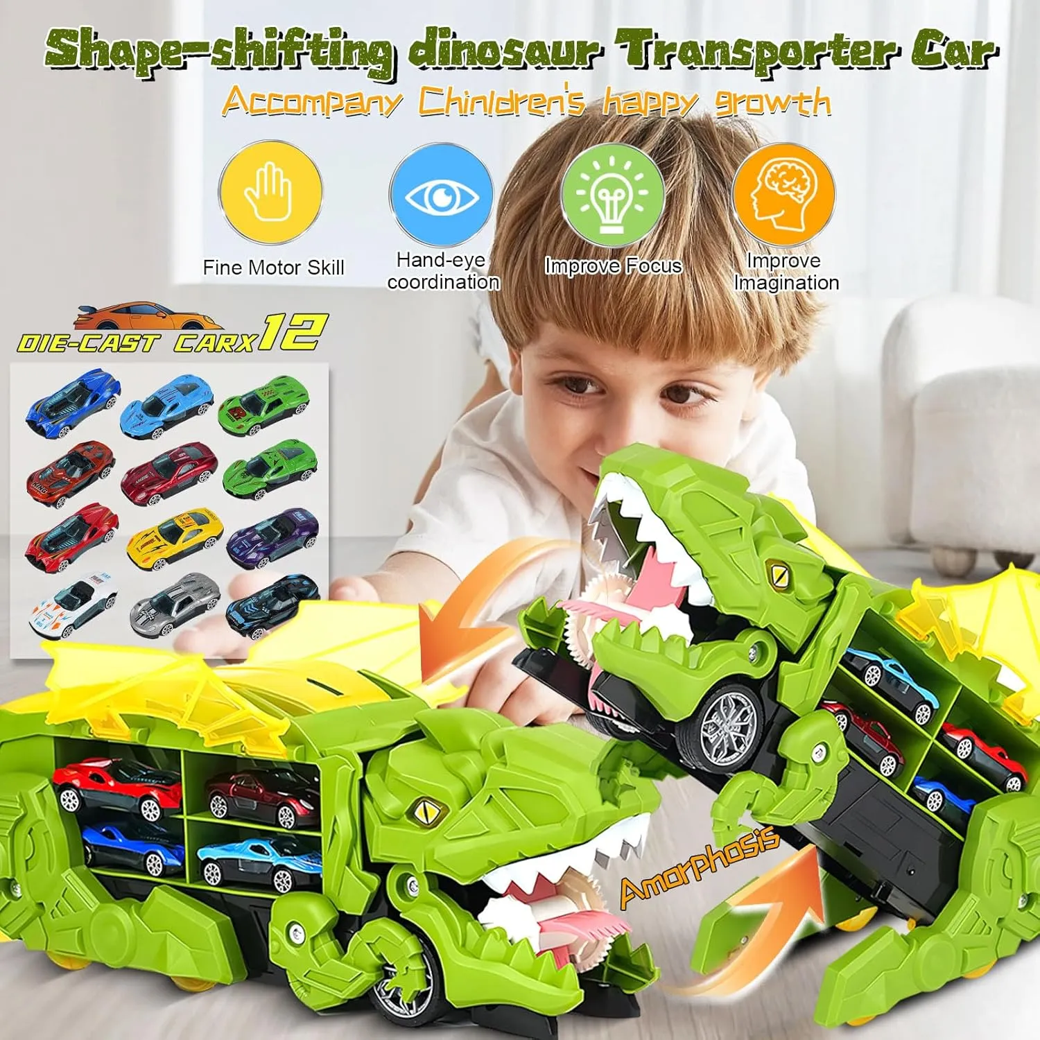 Dinosaur Truck Toys for Kids 3 4 5 6 7 Years Old, Upgraded 12 Die-Cast Cars Dinosaur Transporter Race Track Set, Transform into Stomping Dino, Toddler Car Toys, Birthday Gifts for Boys 2-4 3-5-7
