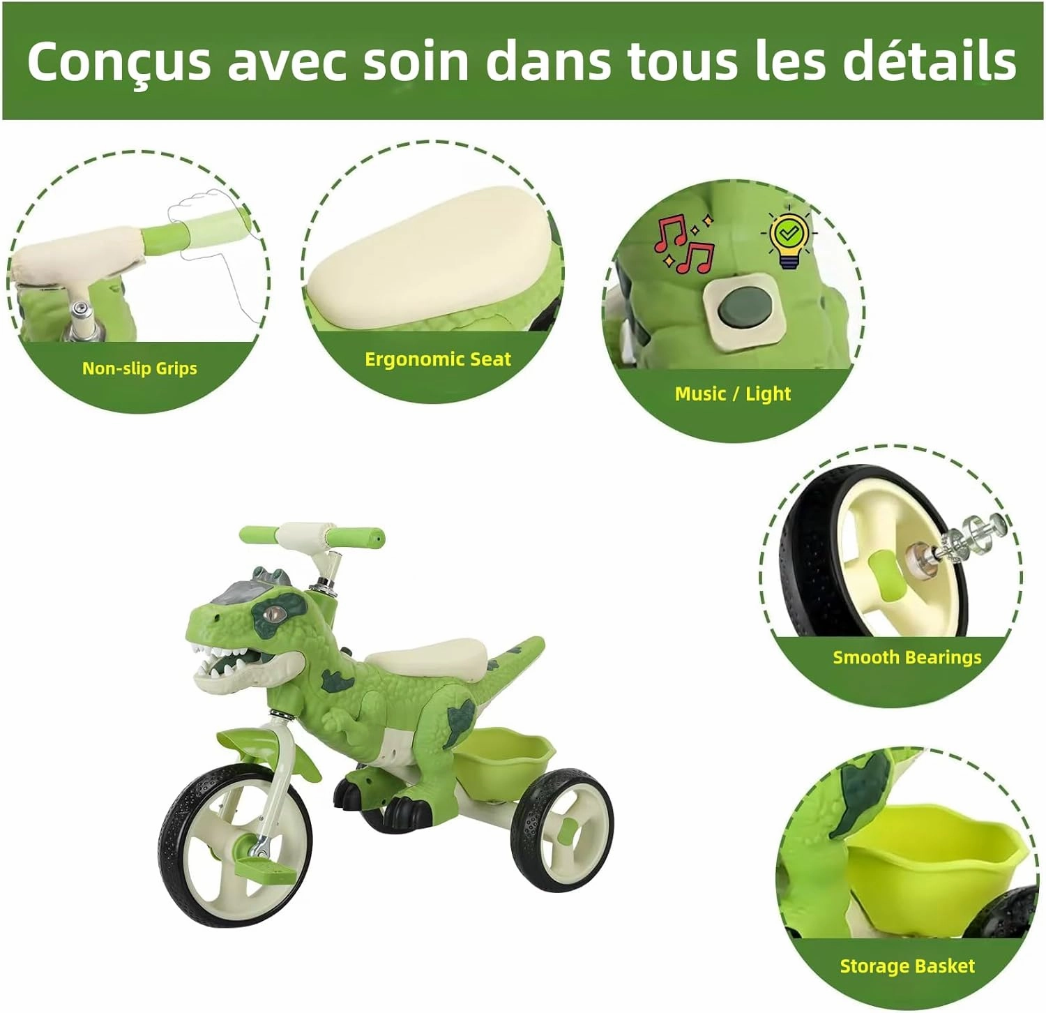 Dinosaur Kids Tricycle for Rider- Toddlers Kid Trike Bike Big Wheel with Music, Storage Basket,Indoor/Outdoor Preschool Daycare Kids Bike,Best Gift for 2-7 Year Old Girls & Boys (Green)