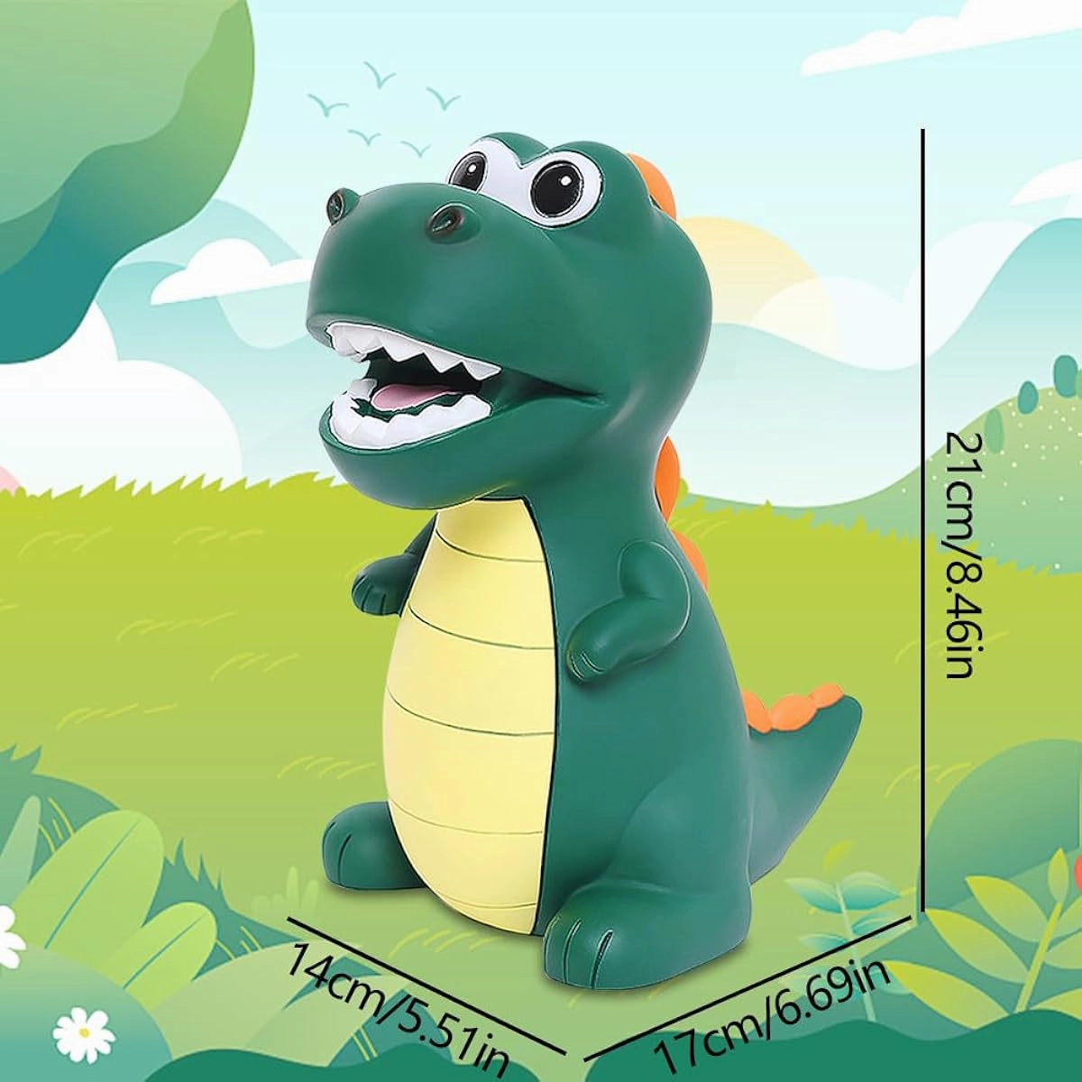 Dinosaur Piggy Bank for Kids, Creative Dinosaur Shape Piggy Bank, Safe PVC Material, Room Decoration/Gift/Toy for Boys & Girls (Green Stand)