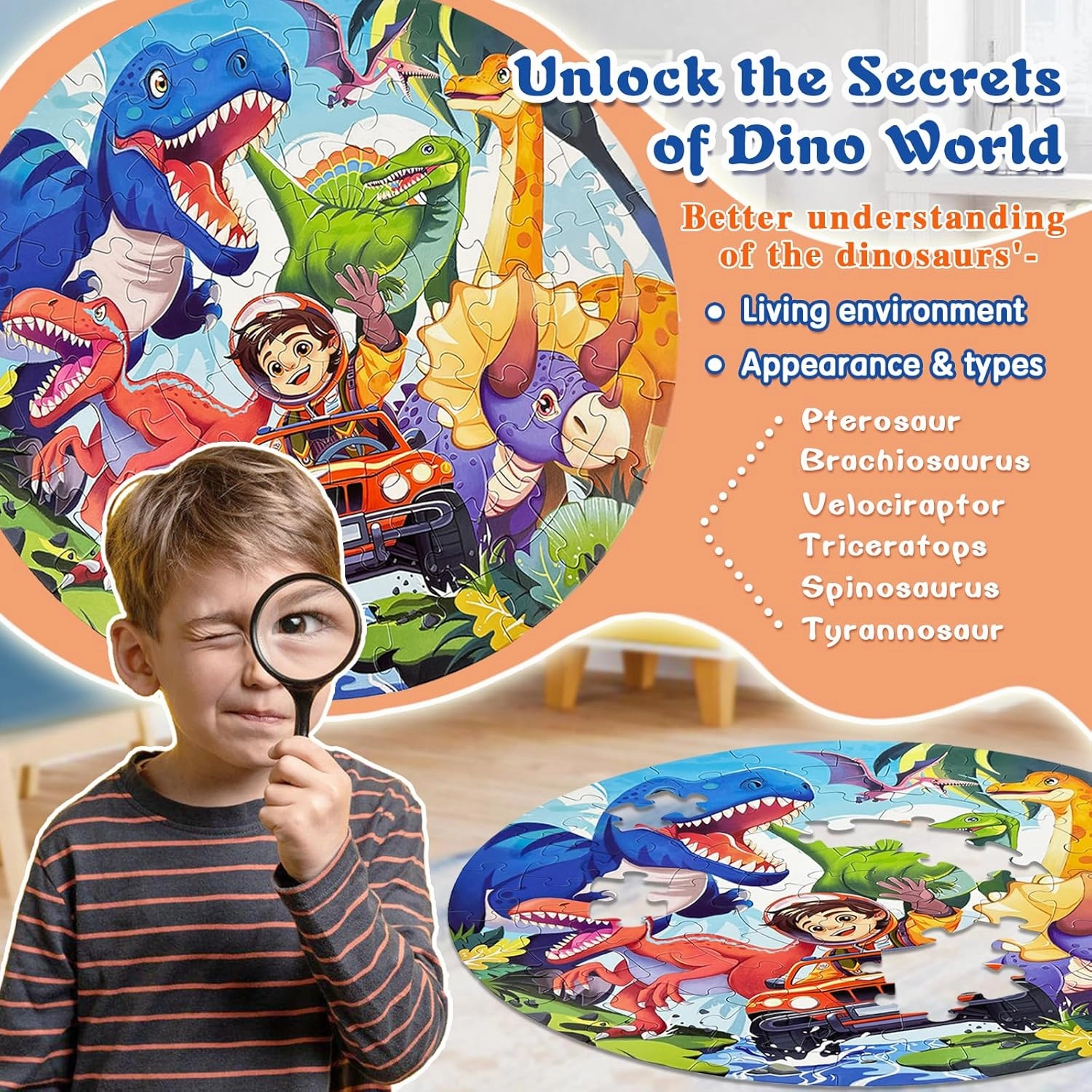 Dinosaur Puzzles for Kids Ages 4-6 5-8 8-10, 70 Piece Round Large Jigsaw Kids Puzzles with Dinosaur World, Educational Floor Puzzles Toy for Boys Girls 3 4 5 6 7 8 9 10