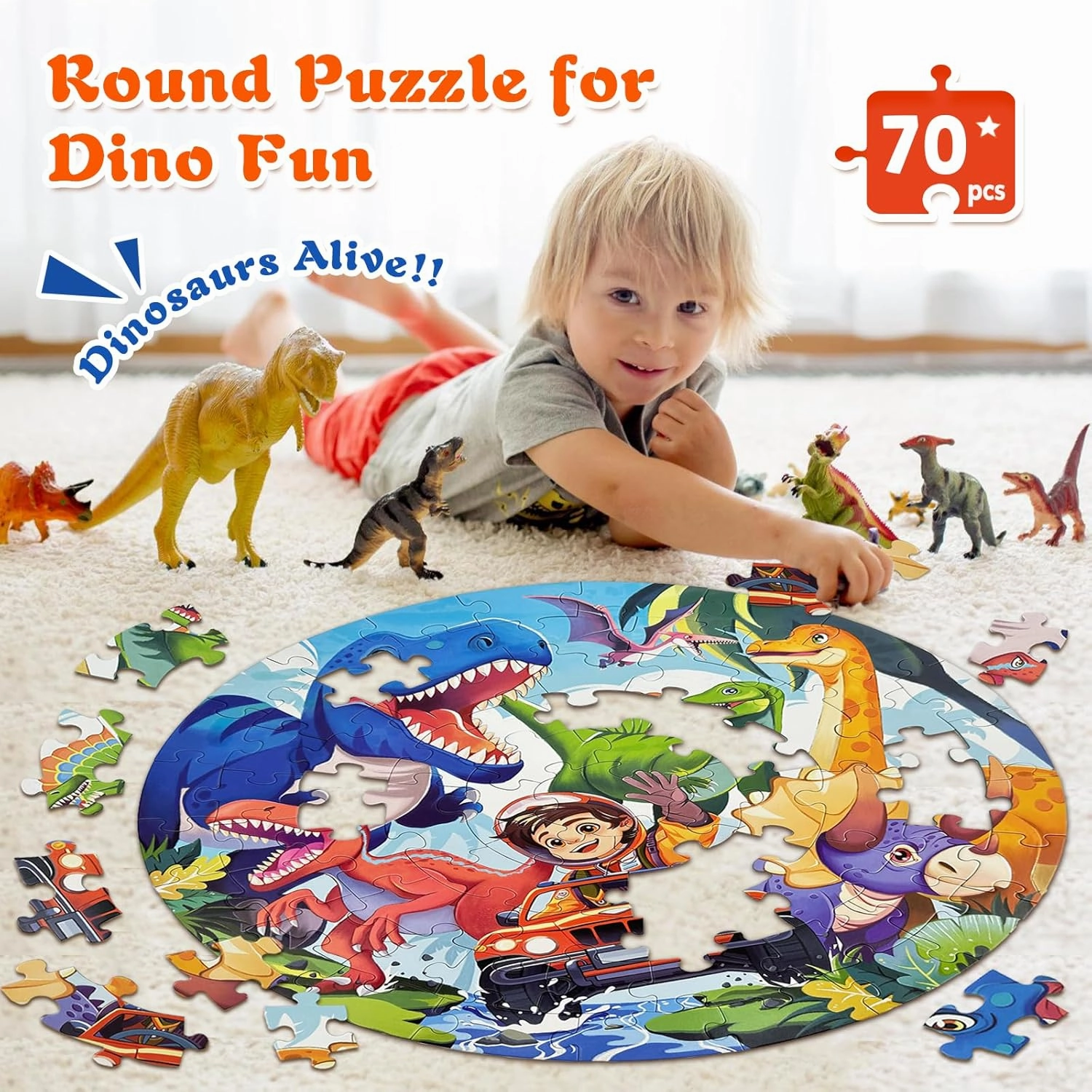Dinosaur Puzzles for Kids Ages 4-6 5-8 8-10, 70 Piece Round Large Jigsaw Kids Puzzles with Dinosaur World, Educational Floor Puzzles Toy for Boys Girls 3 4 5 6 7 8 9 10