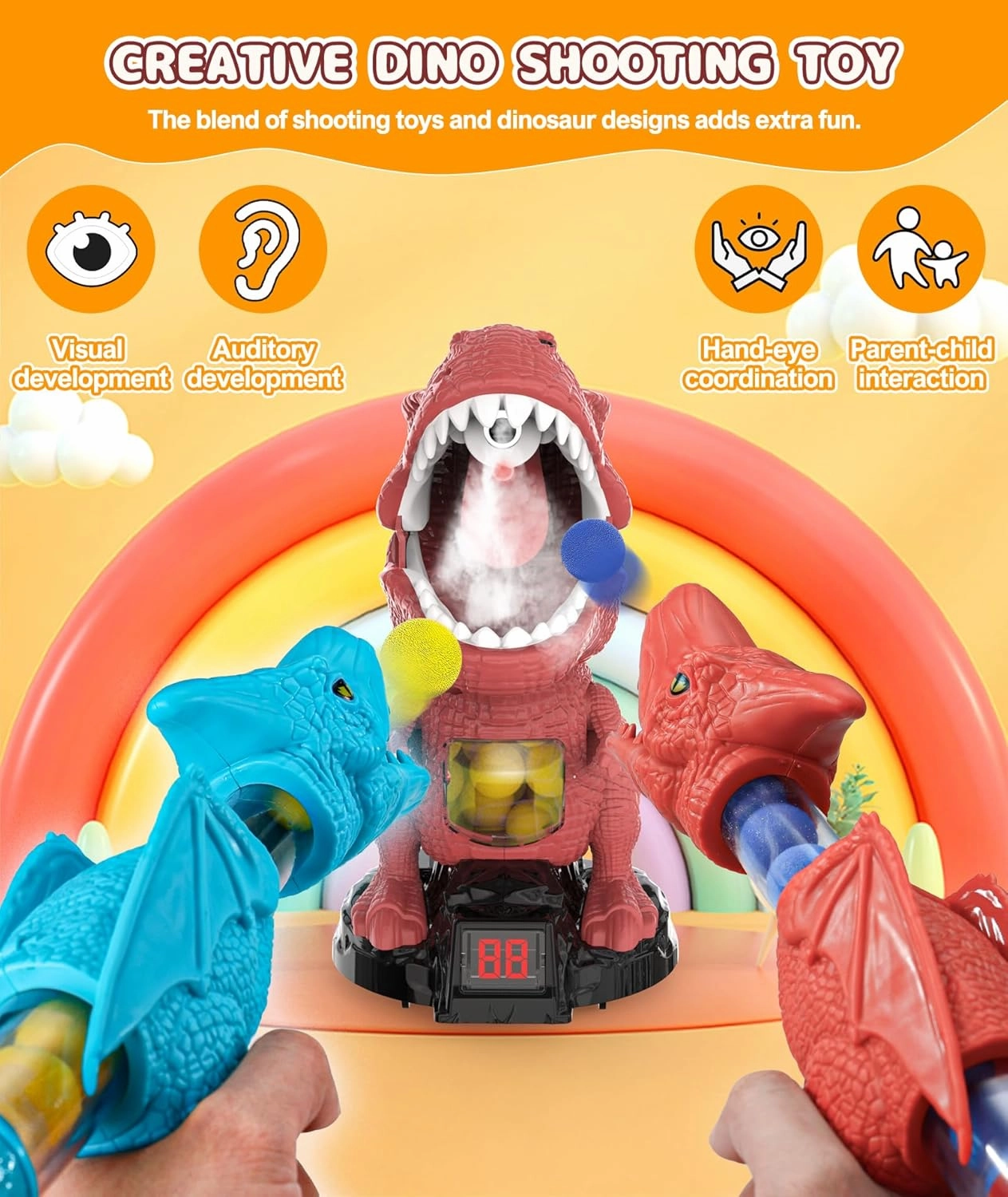 Dinosaur Shooting Toy for Boys Girls, Movable Target Shooting Games with 2 Air Pump Launcher, 48 Foam Balls, LED Score Record, Spray Effect & Sound (Standard Red Edition)