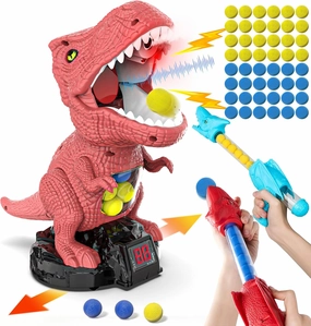 Dinosaur Shooting Toy for Boys Girls, Movable Target Shooting Games with 2 Air Pump Launcher, 48 Foam Balls, LED Score Record, Spray Effect & Sound (Standard Red Edition)