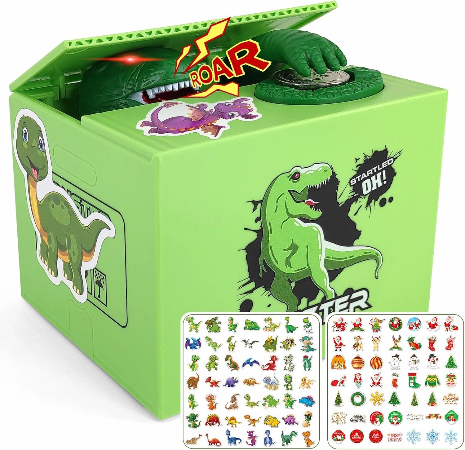 Dinosaur Stealing Money Bank, Piggy Bank for Kids Coin Bank for Money Saving, Plastic Piggy Bank Toy with 2 Sets of DIY Stickers for Boys and Girls(Dinosaur)