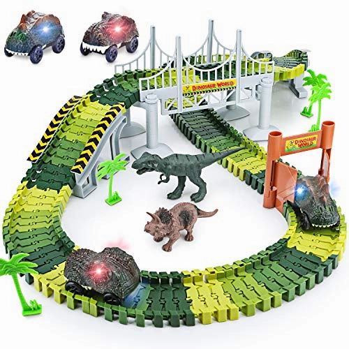 Dinosaur Toys,156pcs Create A Dinosaur World Road Race,Flexible Track Playset and 2 pcs Cool Dinosaur car for 3 4 5 6 Year & Up Old boy Girls Best Gift