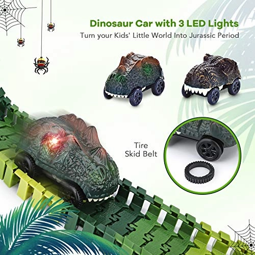 Dinosaur Toys,156pcs Create A Dinosaur World Road Race,Flexible Track Playset and 2 pcs Cool Dinosaur car for 3 4 5 6 Year & Up Old boy Girls Best Gift