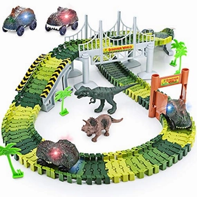 Dinosaur Toys,156pcs Create A Dinosaur World Road Race,Flexible Track Playset and 2 pcs Cool Dinosaur car for 3 4 5 6 Year & Up Old boy Girls Best Gift